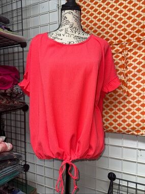 Cozy Casual Coral Drawstring Hem Short Sleeve Tunic
